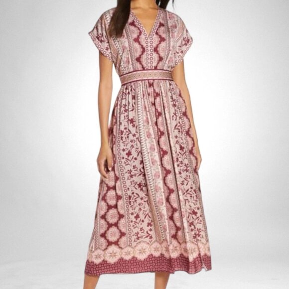 Gal Meets Glam Liza Print Charmeuse Midi Dress Wine & Taupe 6 8 - Picture 1 of 7